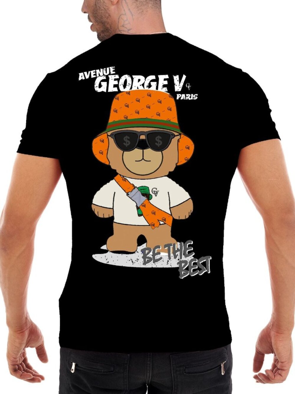 Avenue George V Paris T-Shirt Men's Black Short Sleeve Tee Teddy Bear print XL